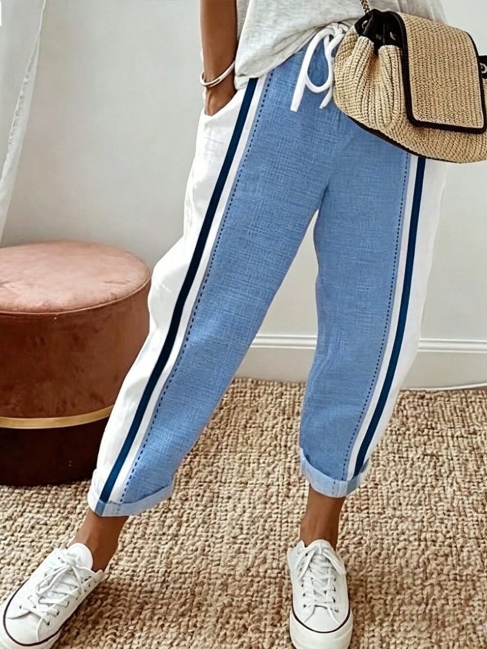 Blue And White Casual Women's Contrast Color Patchwork Drawstring Waist Pants